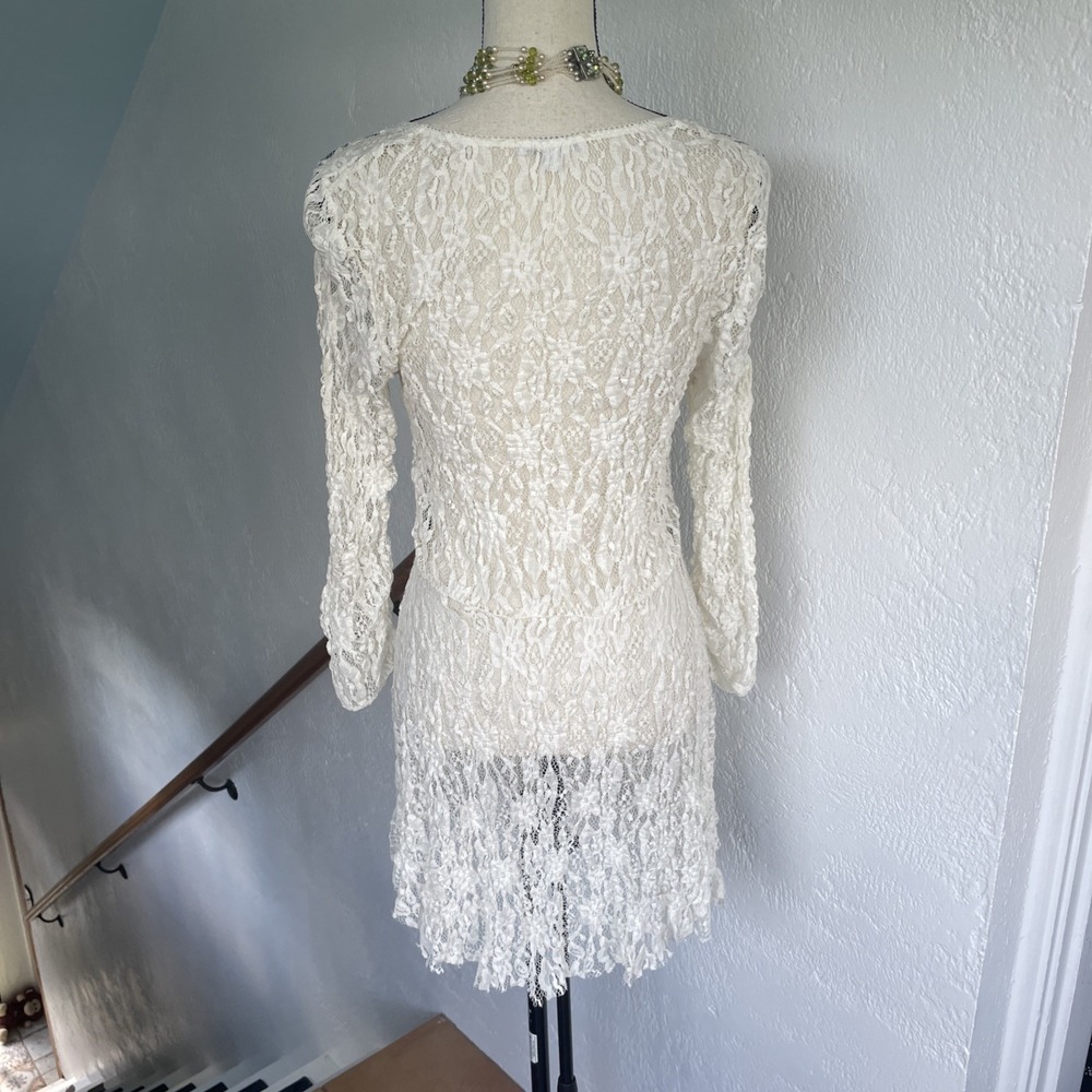 Mystree Vintage Henley Cream lace dress Sheer Button Front Bell Sleeve Small - Picture 2 of 8